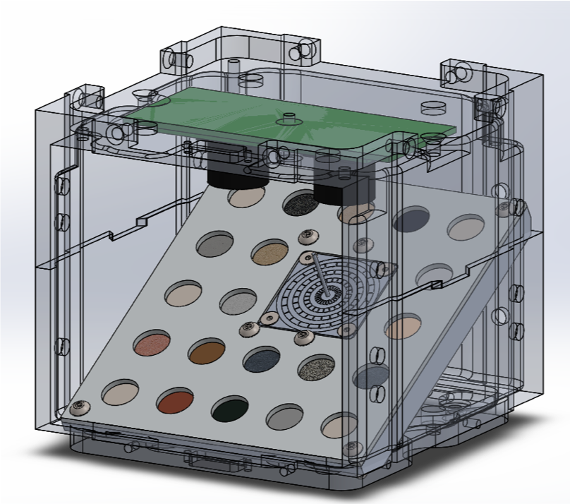 a virtual rendering of a satellite payload, the walls are clear so that everything inside the rectangular box is visiable 