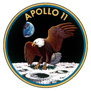 an eagle stands on top of the moon for the Apollo 11 mission patch