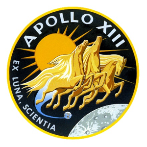 golden horses run gallantly in space for the Apollo 13 mission patch
