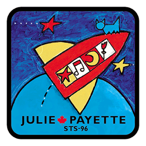 a hand-drawn spaceship flies in space in Julie Payette's patch