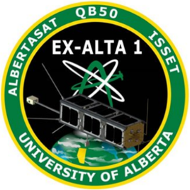 a cubesat flies over the earth as the University of Alberta mission patch.